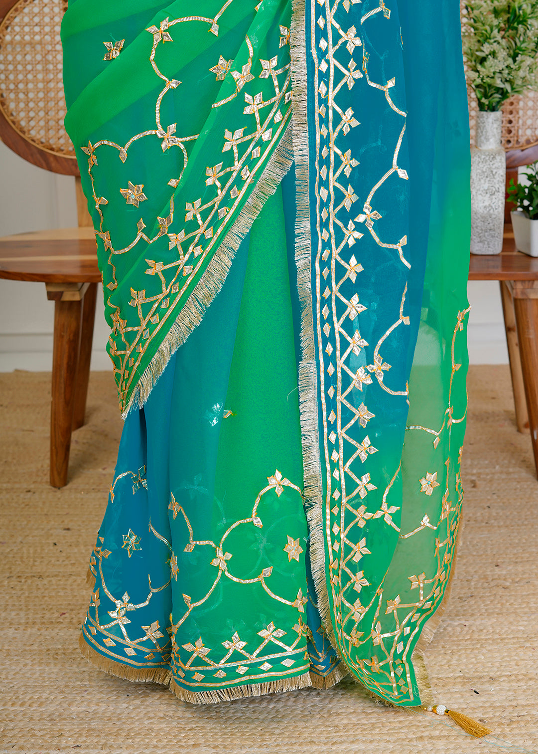 Green & Blue Shaded Chiffon Saree with Gota Patti Jaal Work