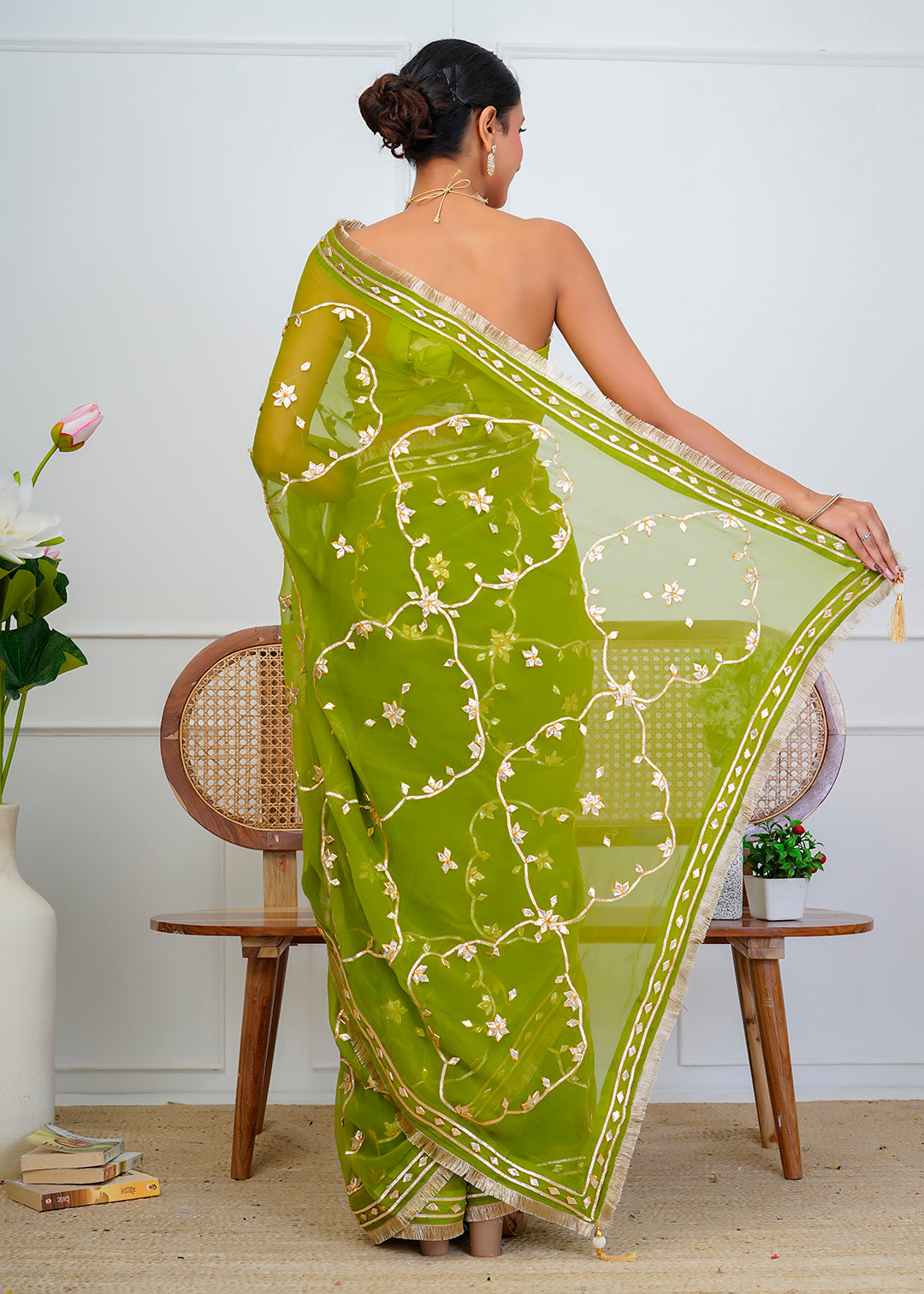Green Chiffon Saree with Gota Patti Jaal Work