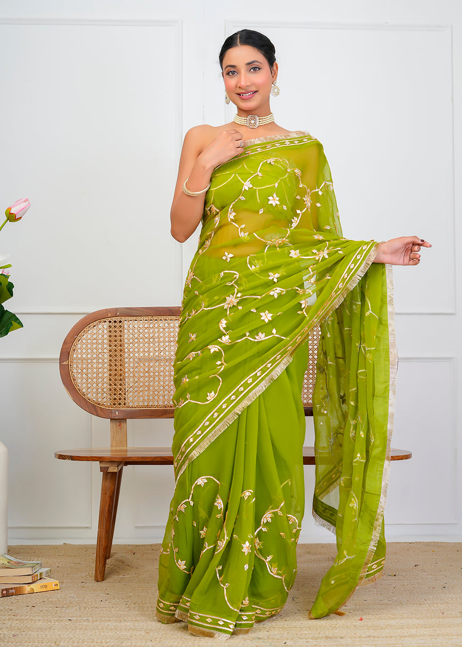 Green Chiffon Saree with Gota Patti Jaal Work
