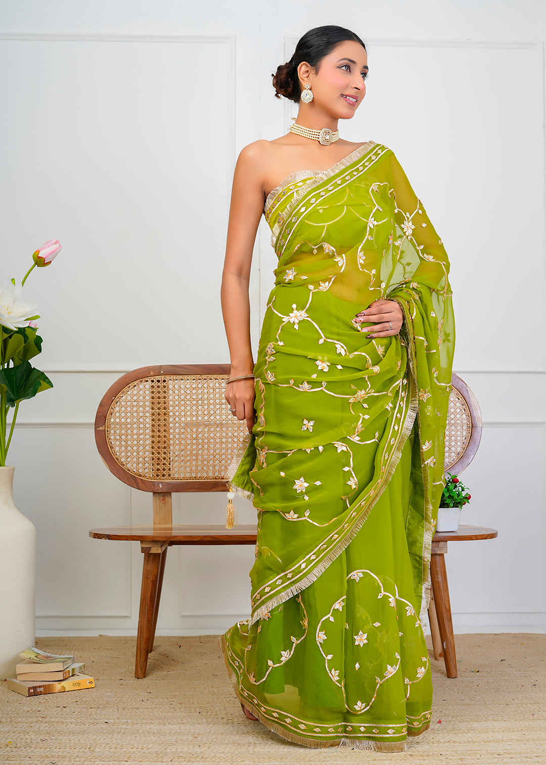 Green Chiffon Saree with Gota Patti Jaal Work