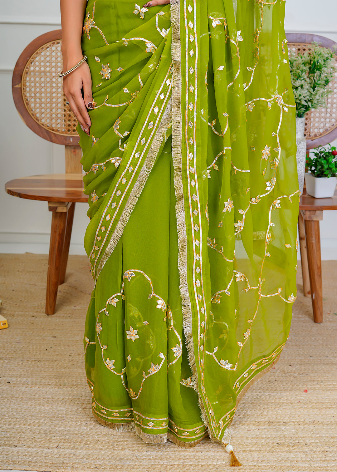 Green Chiffon Saree with Gota Patti Jaal Work