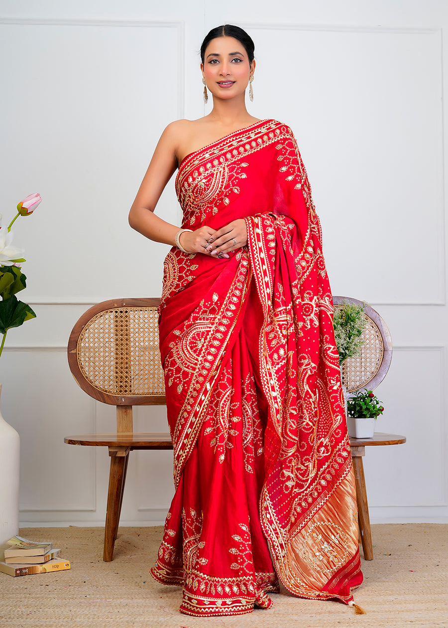 Red Bandhani Silk Saree with Handcrafted Gota Patti Work