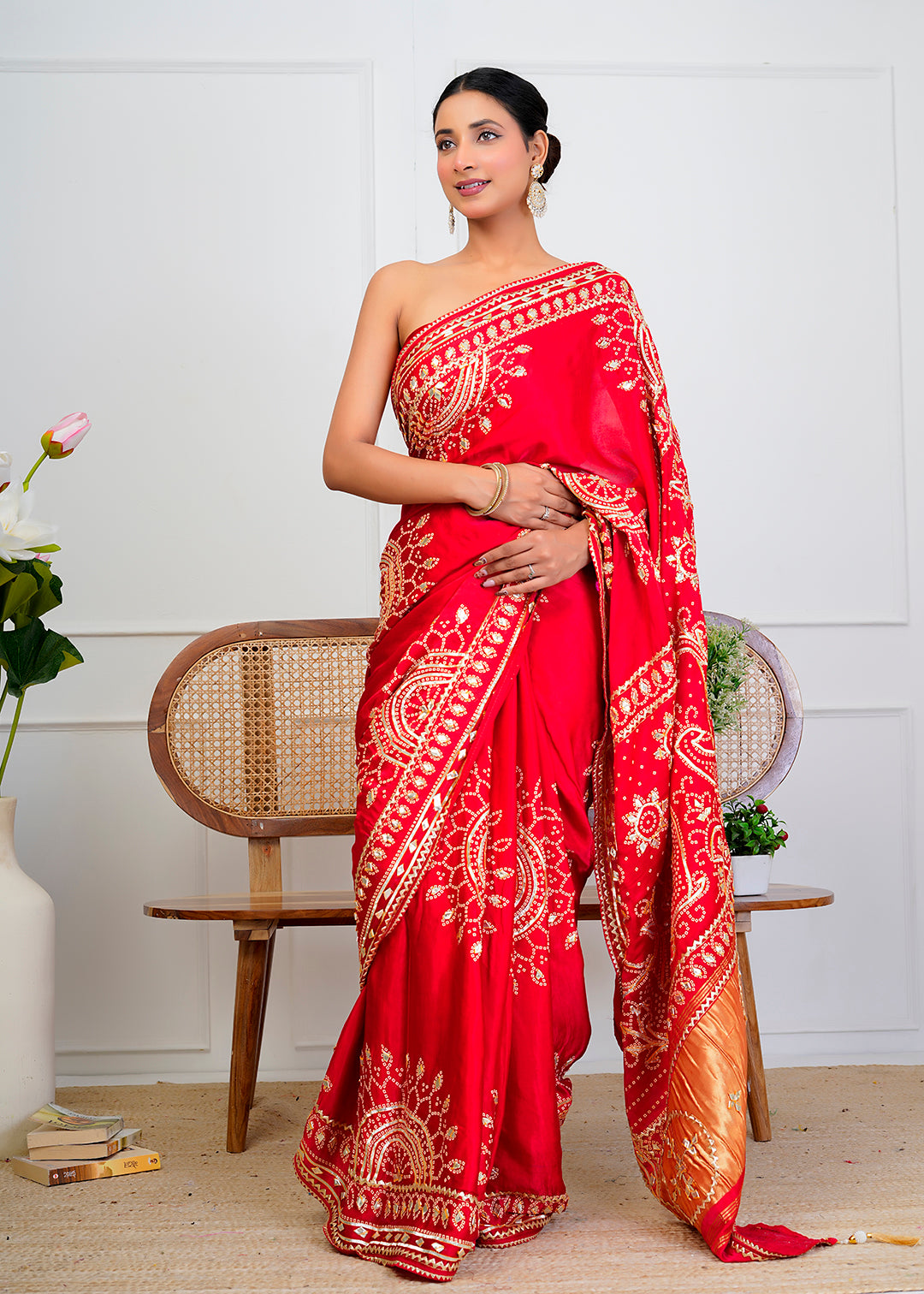 Red Bandhani Silk Saree with Handcrafted Gota Patti Work