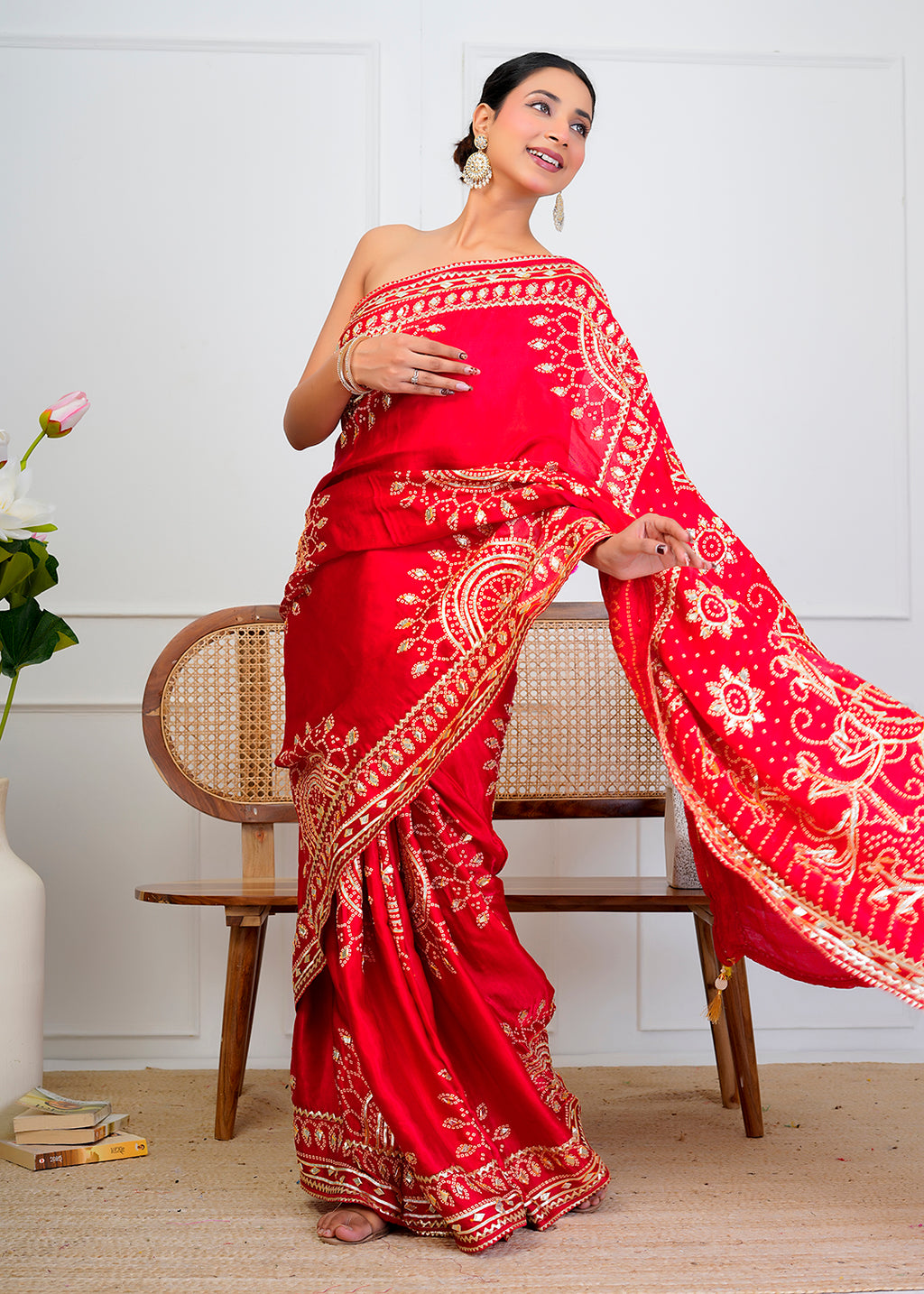 Red Bandhani Silk Saree with Handcrafted Gota Patti Work
