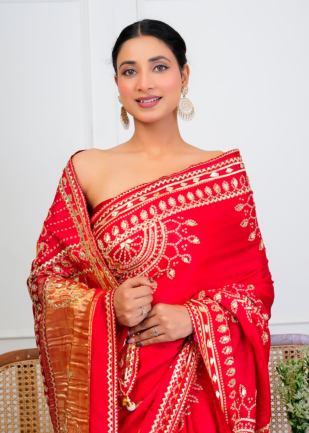 Red Bandhani Silk Saree with Handcrafted Gota Patti Work