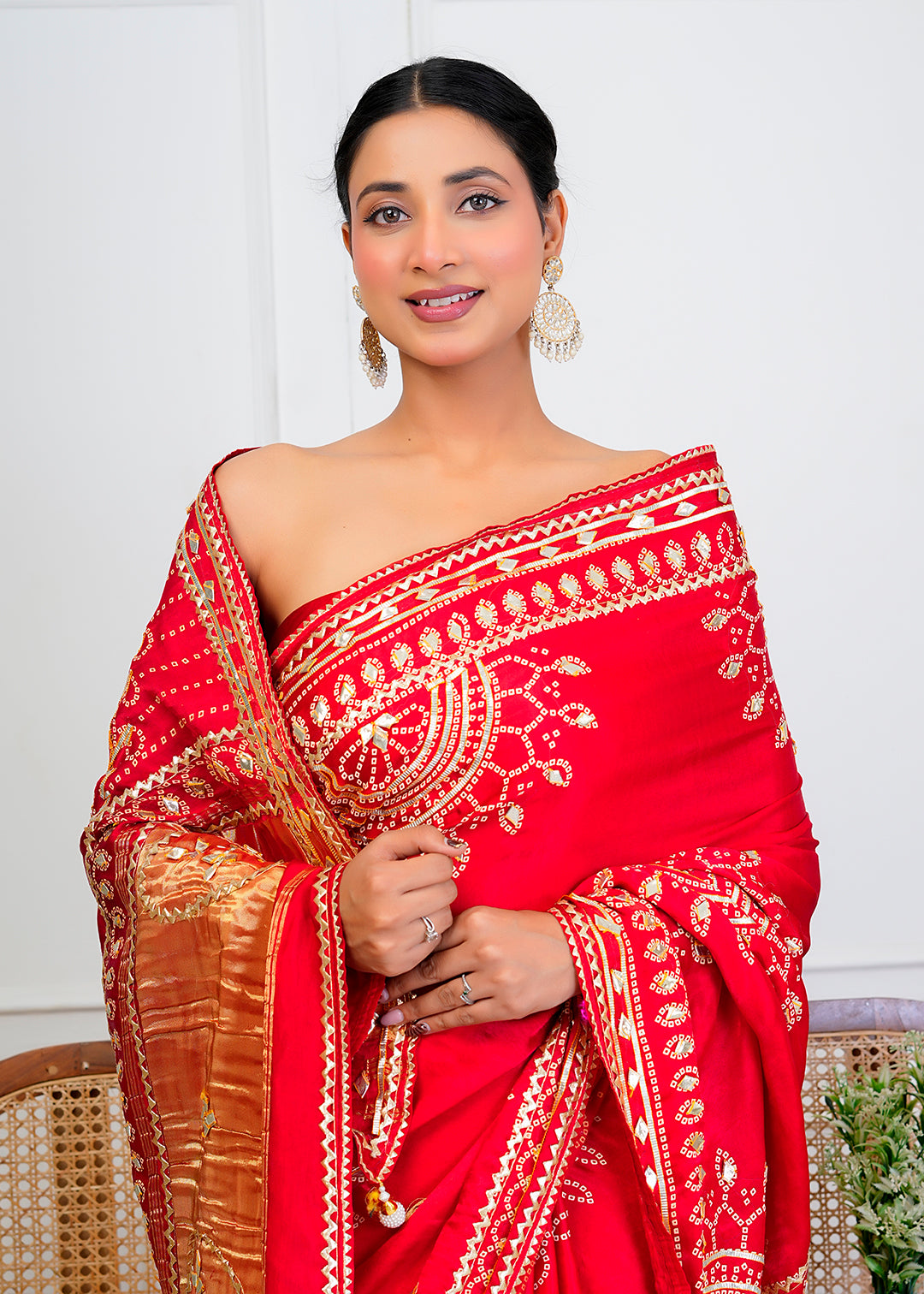 Red Bandhani Silk Saree with Handcrafted Gota Patti Work