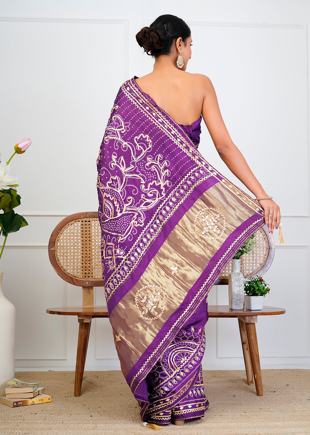 Purple Bandhani Silk Saree with Handcrafted Gota Patti Work