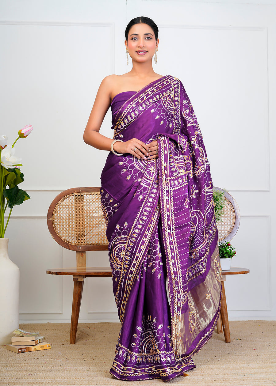 Purple Bandhani Silk Saree with Handcrafted Gota Patti Work
