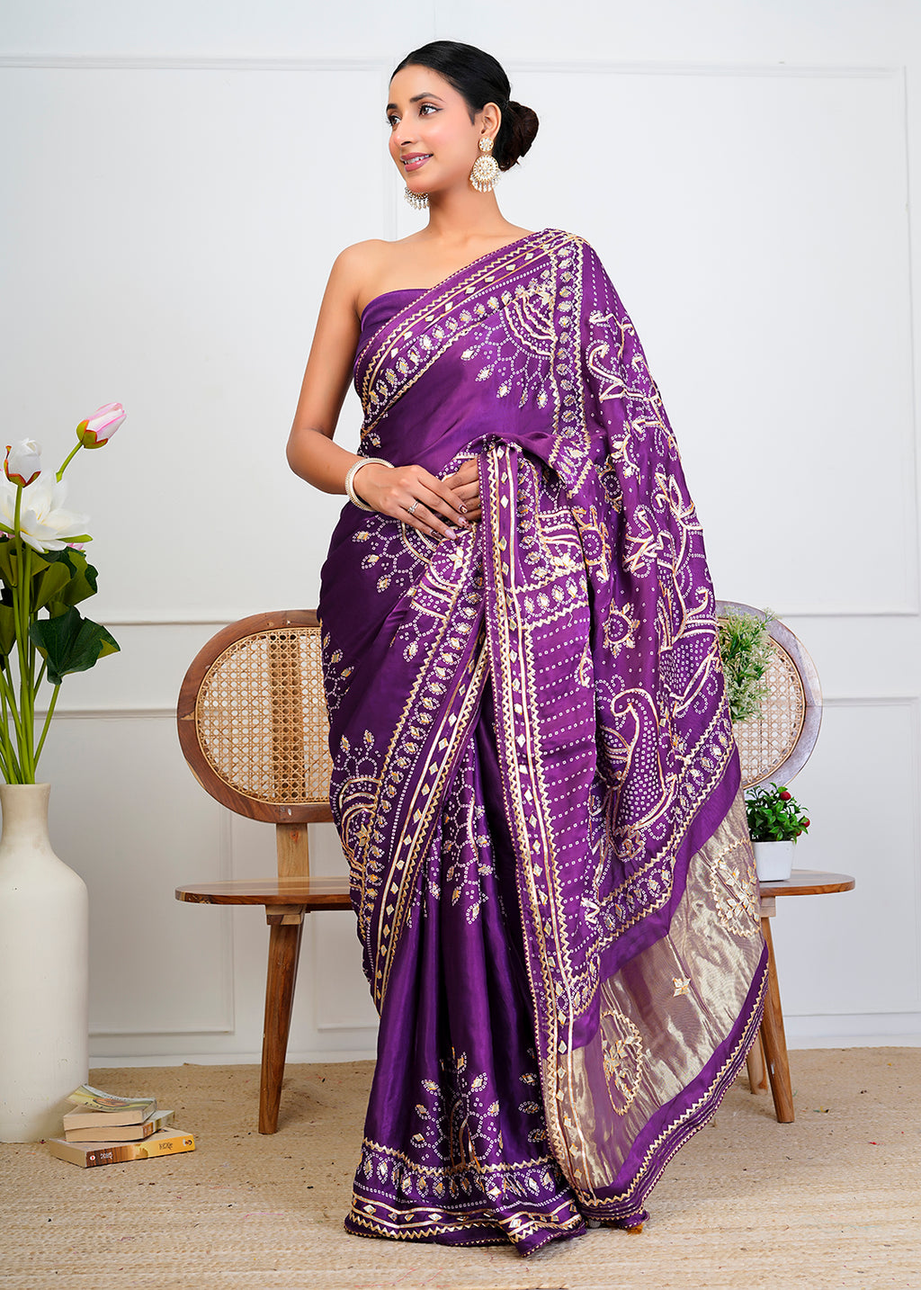 Purple Bandhani Silk Saree with Handcrafted Gota Patti Work