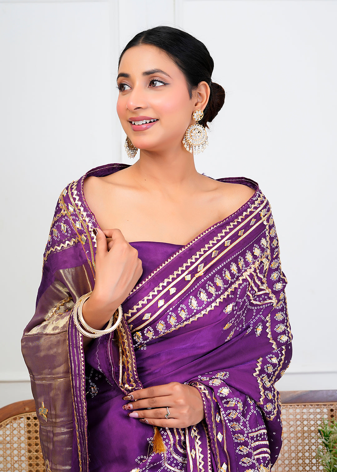 Purple Bandhani Silk Saree with Handcrafted Gota Patti Work