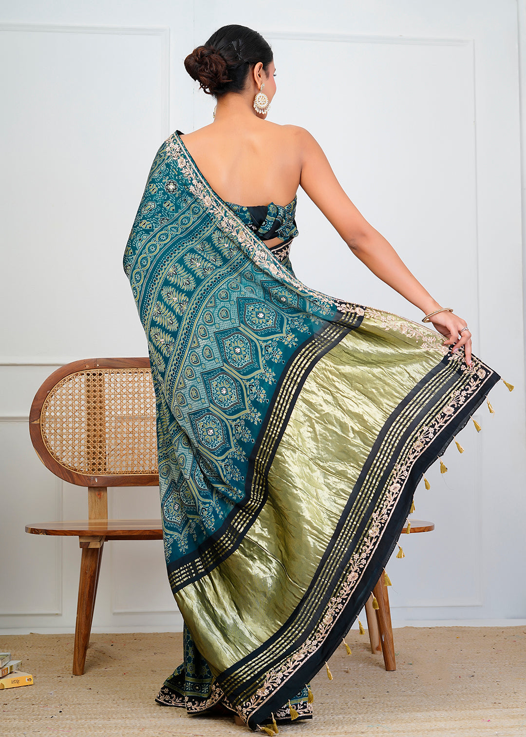 Indigo Blue Ajrakh Handblock Printed Modal Silk Saree With Zari Pallu