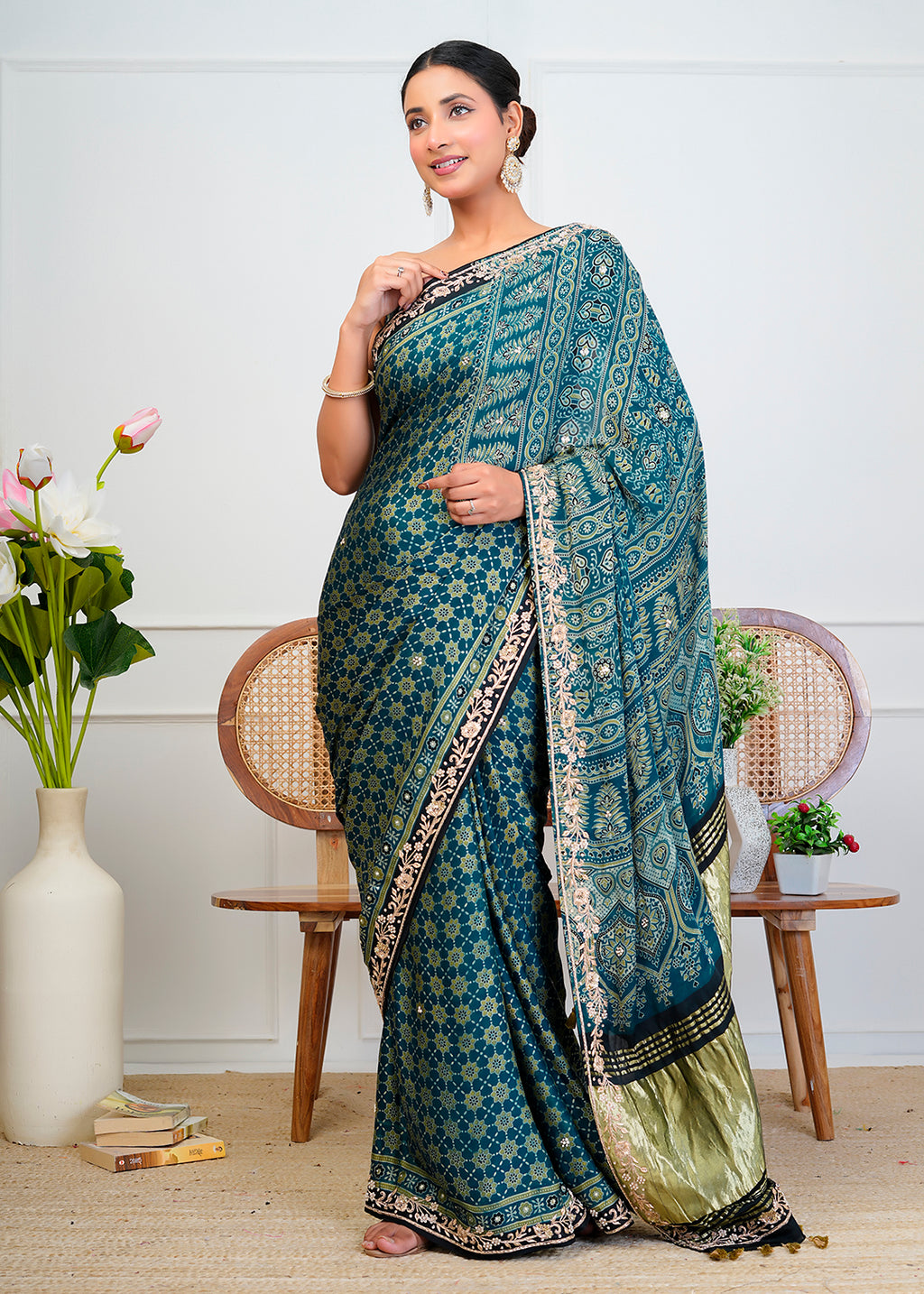 Indigo Blue Ajrakh Handblock Printed Modal Silk Saree With Zari Pallu