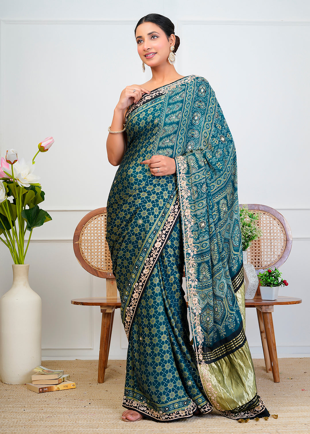 Indigo Blue Ajrakh Handblock Printed Modal Silk Saree With Zari Pallu