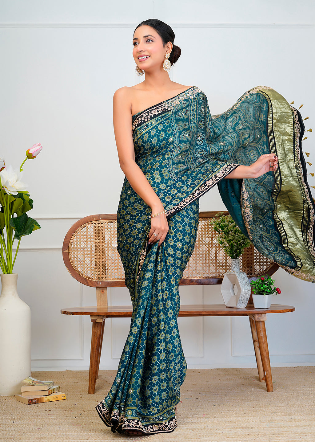 Indigo Blue Ajrakh Handblock Printed Modal Silk Saree With Zari Pallu
