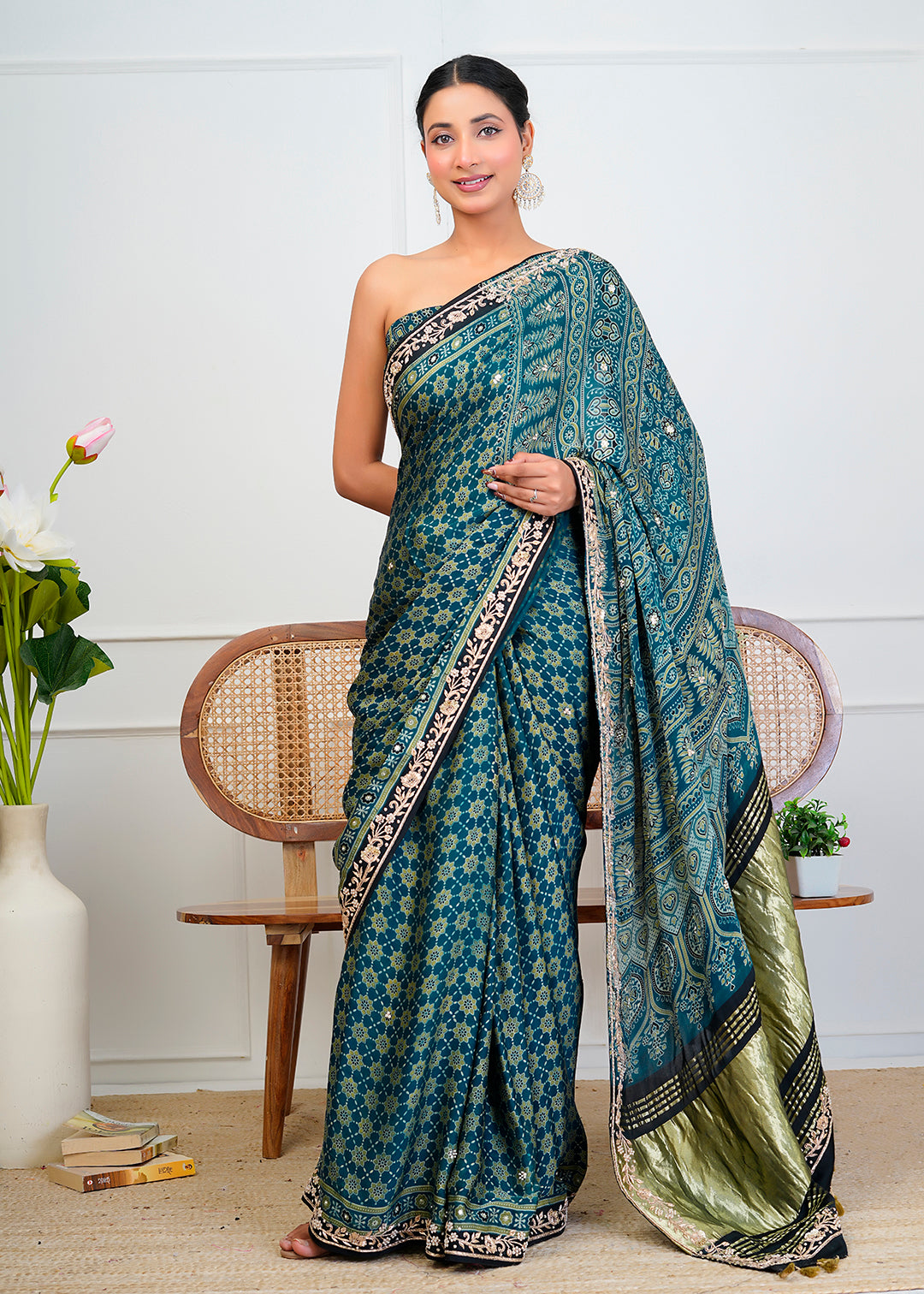 Indigo Blue Ajrakh Handblock Printed Modal Silk Saree With Zari Pallu