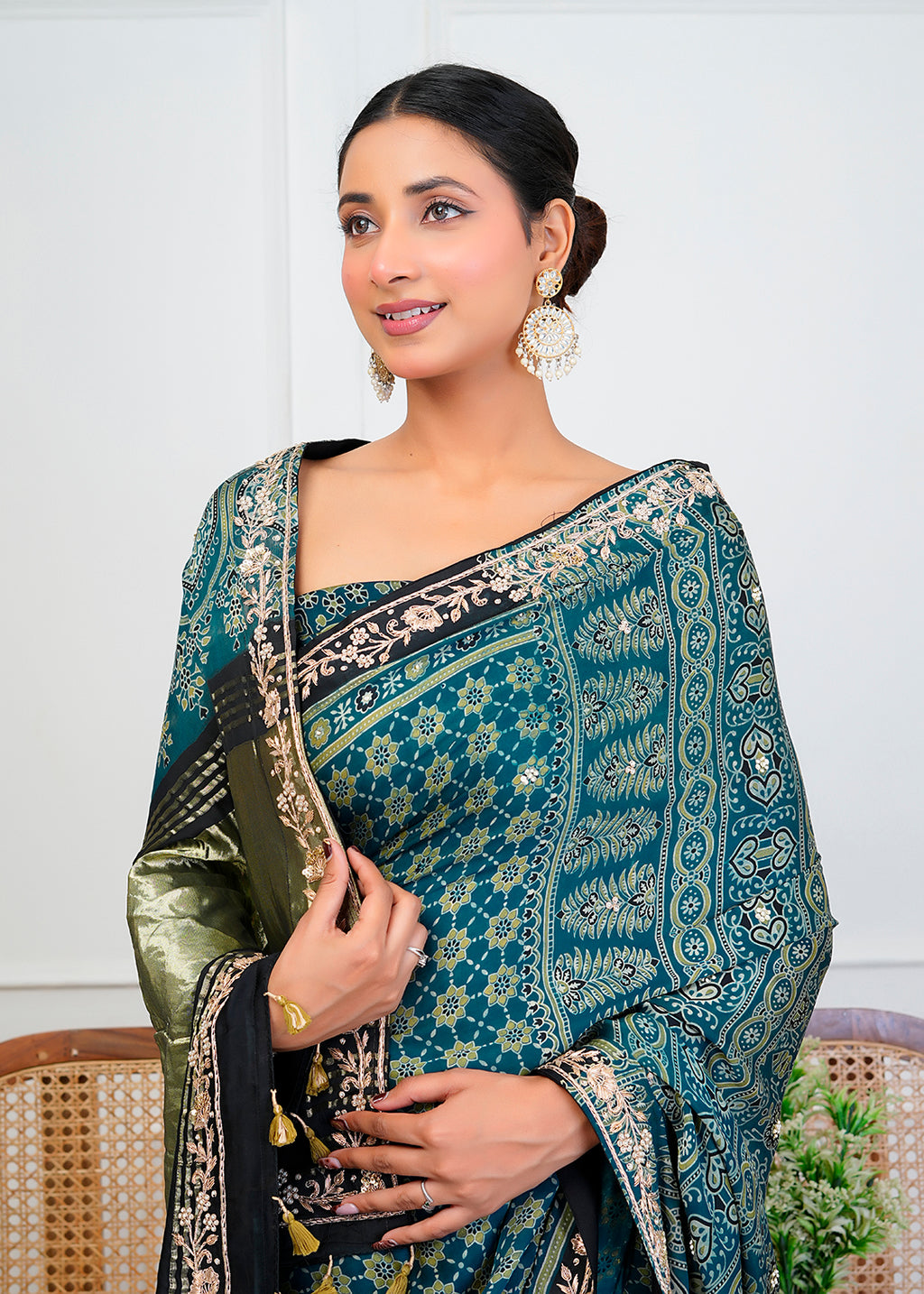 Indigo Blue Ajrakh Handblock Printed Modal Silk Saree With Zari Pallu