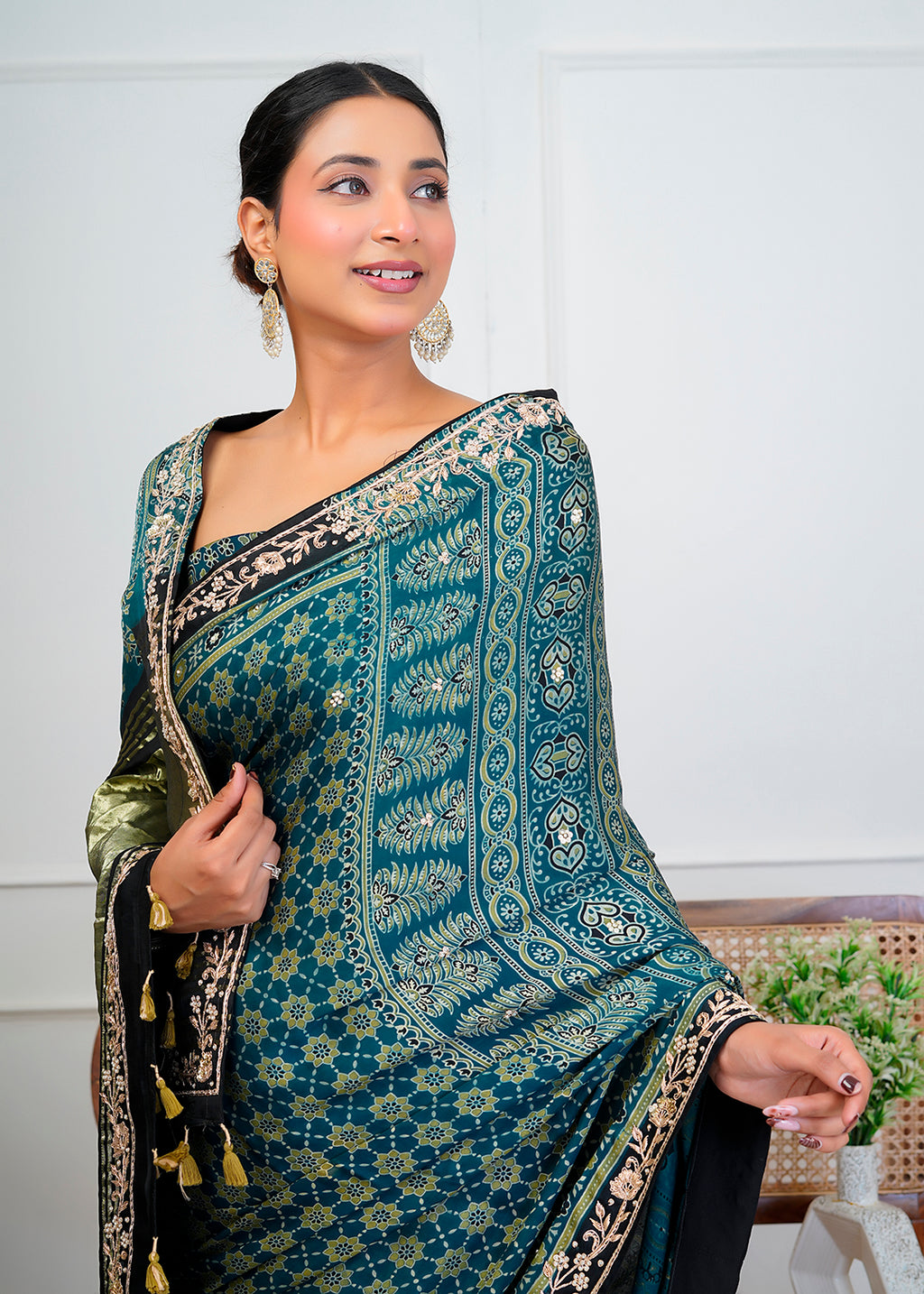 Indigo Blue Ajrakh Handblock Printed Modal Silk Saree With Zari Pallu