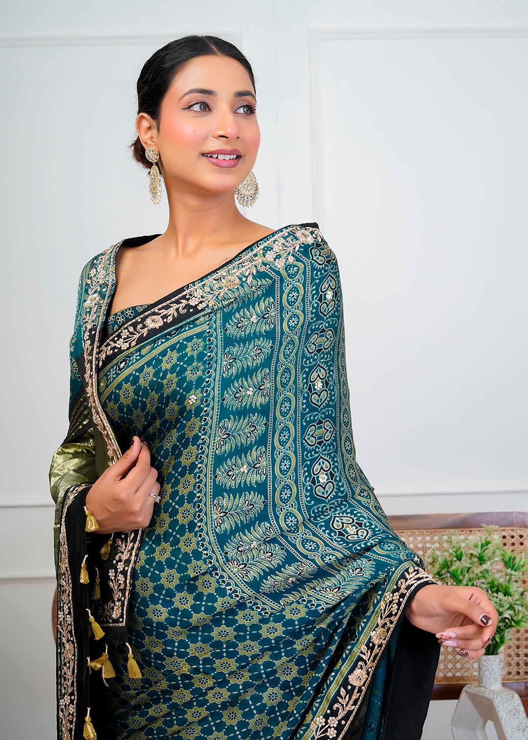 Indigo Blue Ajrakh Handblock Printed Modal Silk Saree With Zari Pallu