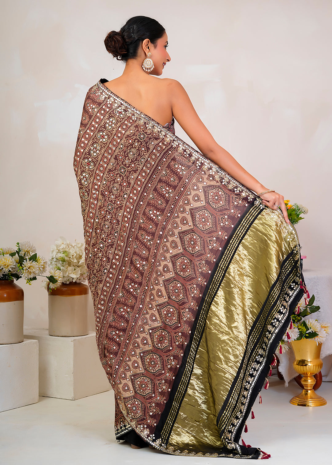 Brown Ajrakh Handblock Modal Silk Saree With Zari Pallu