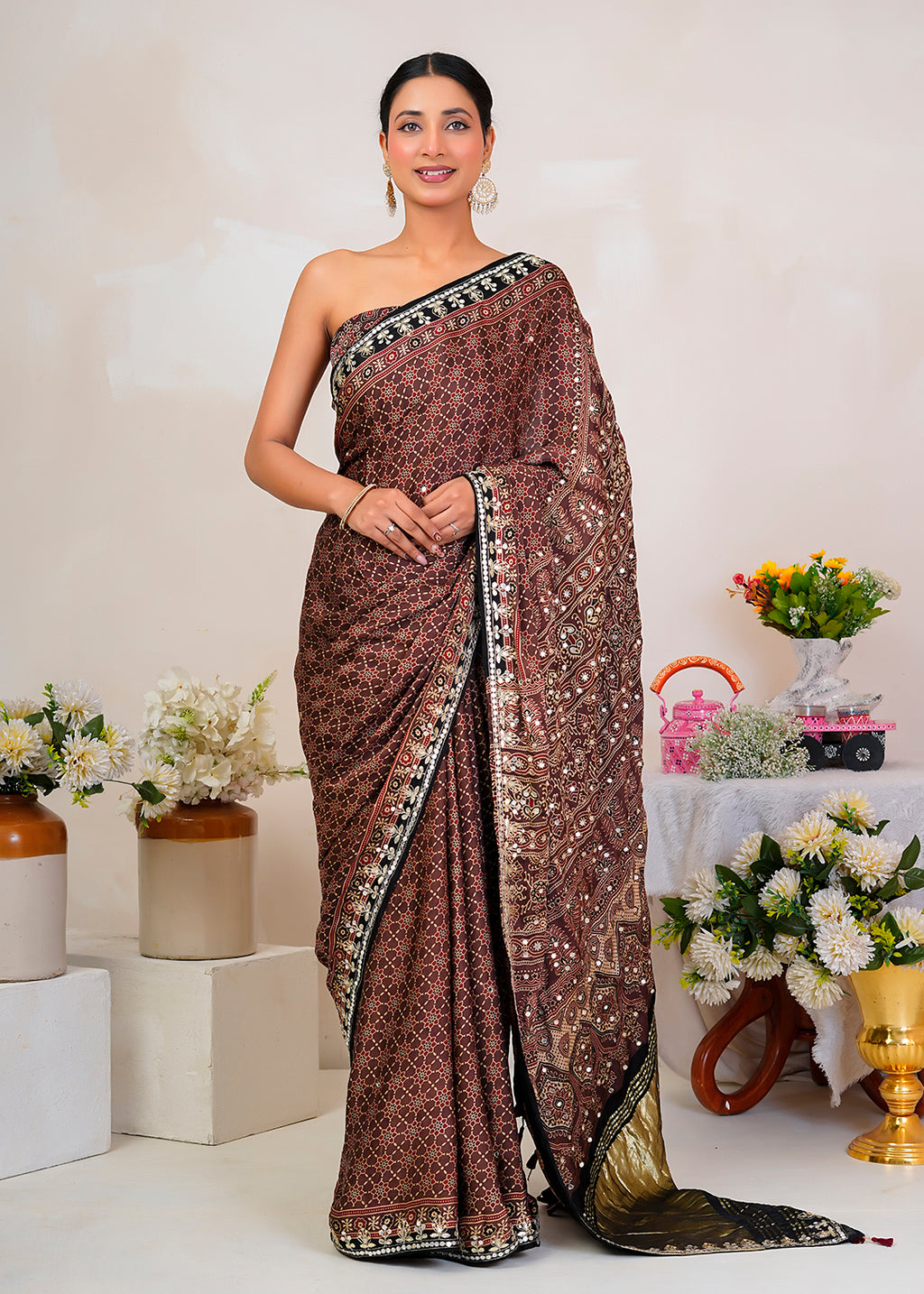 Brown Ajrakh Handblock Modal Silk Saree With Zari Pallu