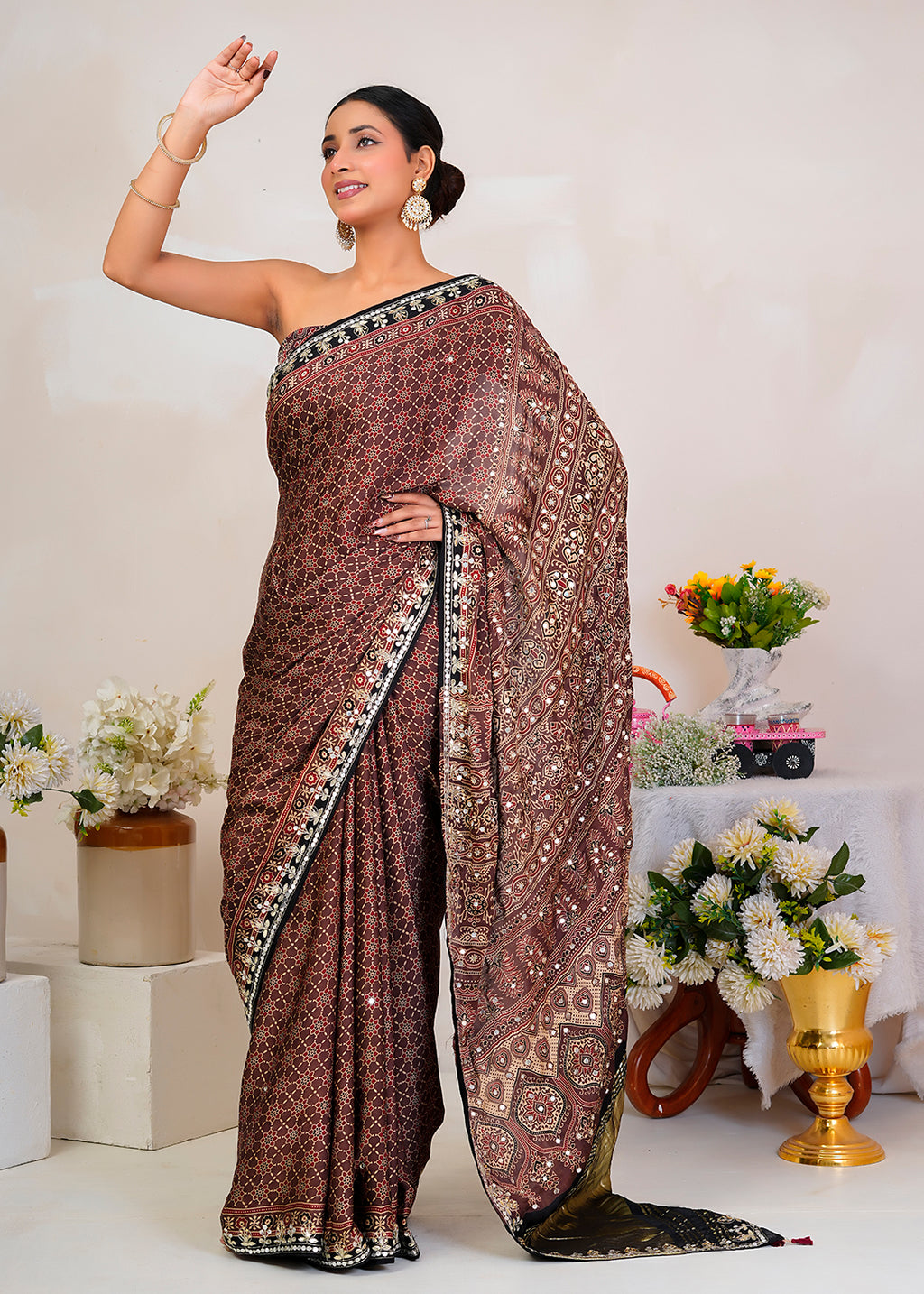 Brown Ajrakh Handblock Modal Silk Saree With Zari Pallu