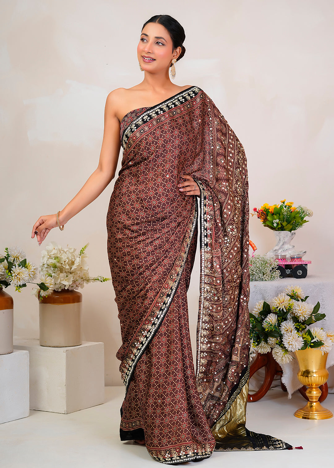Brown Ajrakh Handblock Modal Silk Saree With Zari Pallu