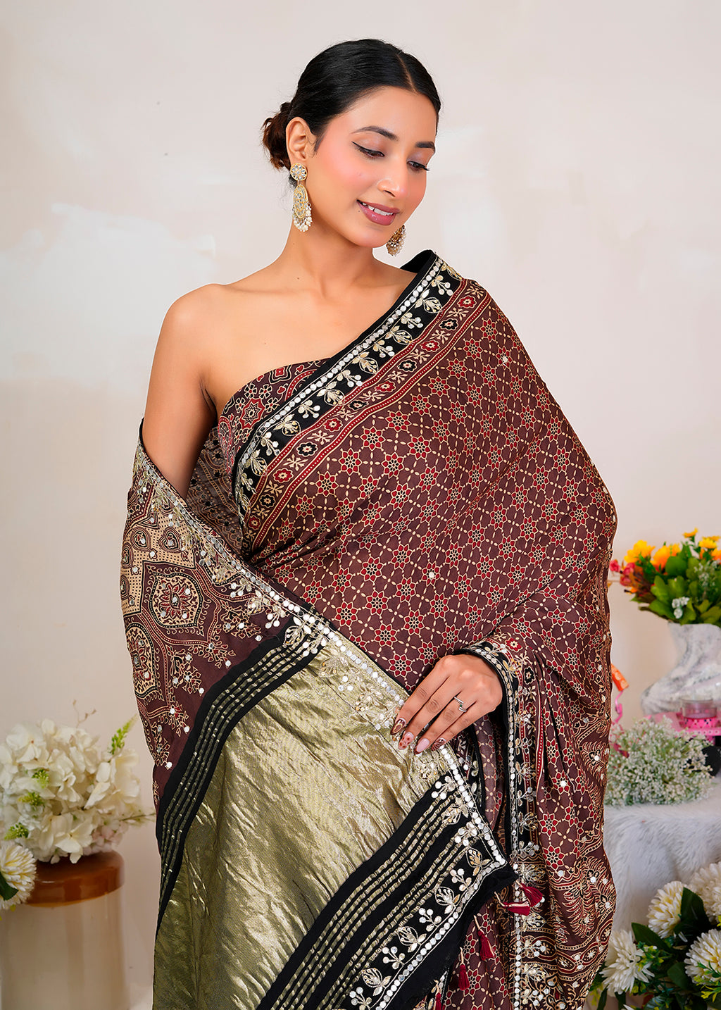 Brown Ajrakh Handblock Modal Silk Saree With Zari Pallu