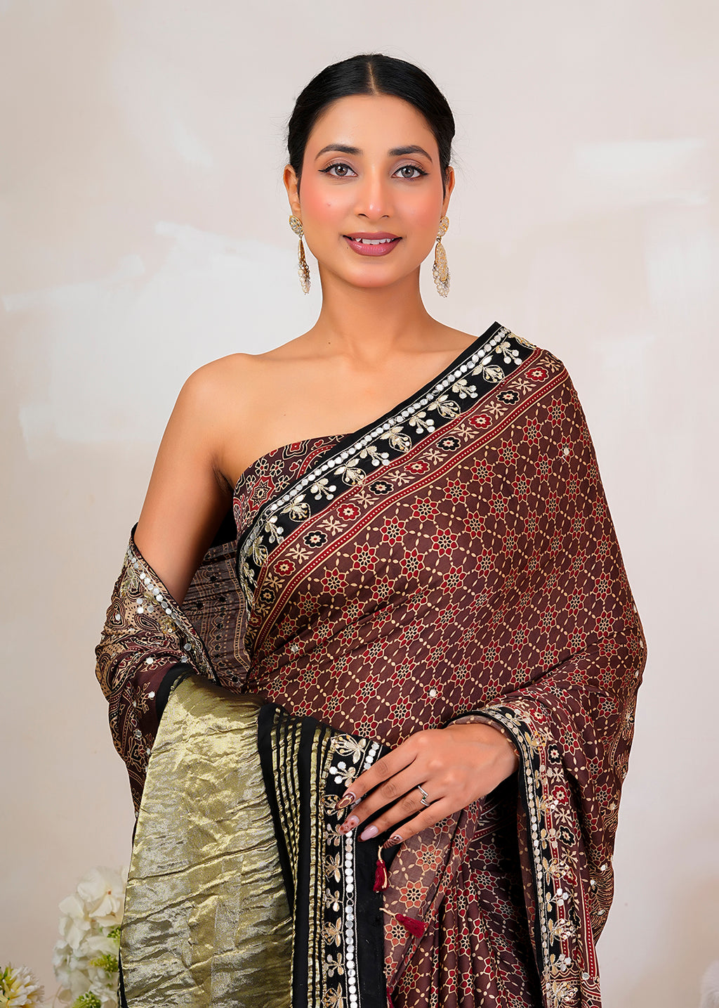 Brown Ajrakh Handblock Modal Silk Saree With Zari Pallu