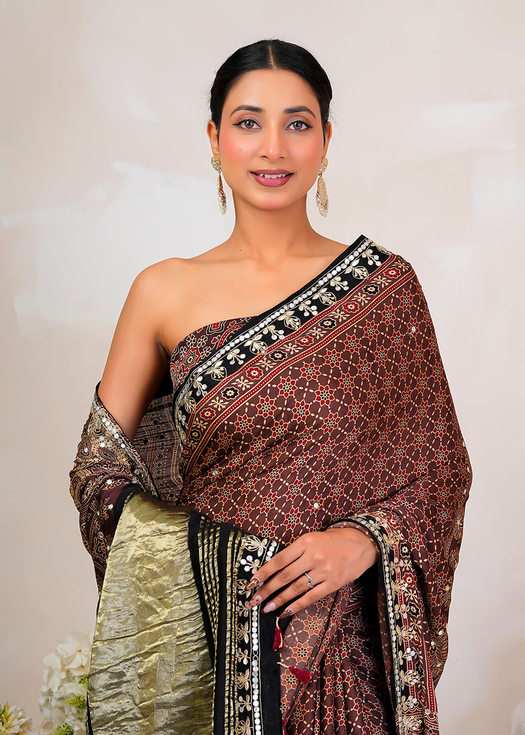 Brown Ajrakh Handblock Modal Silk Saree With Zari Pallu