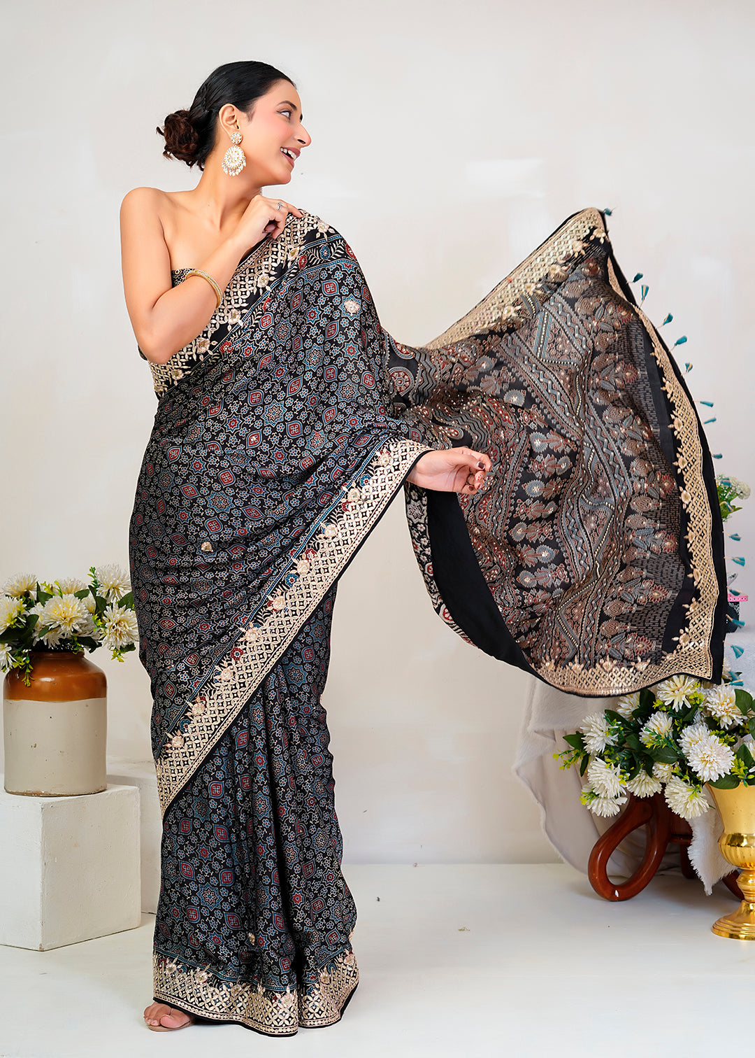 Black Ajrakh Handblock Printed Modal Silk Saree With Gota Patti Border
