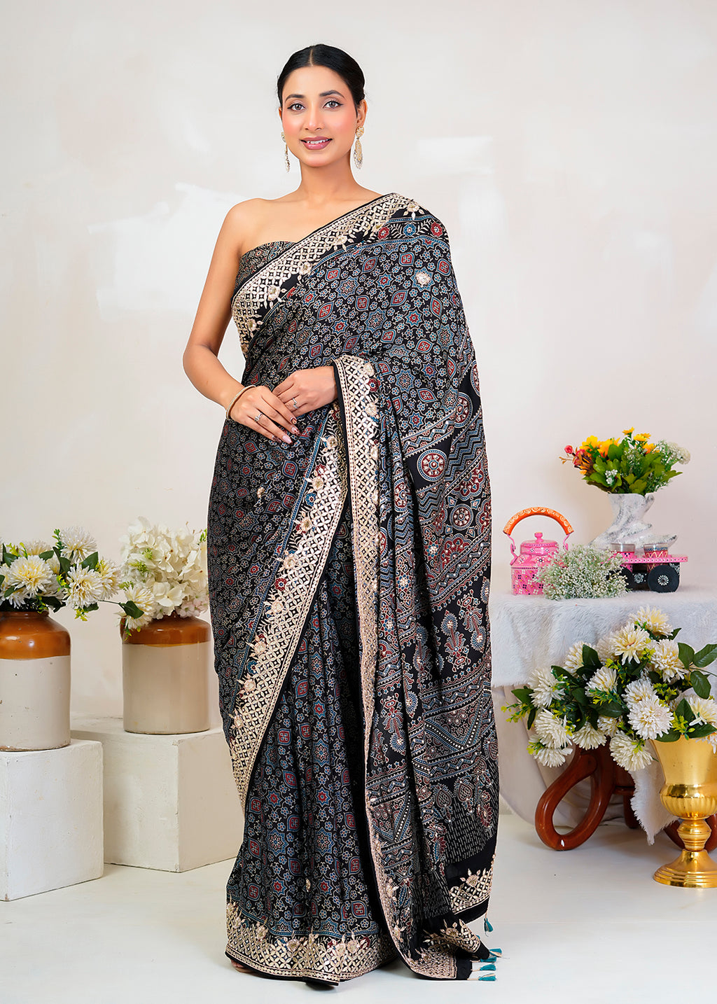 Black Ajrakh Handblock Printed Modal Silk Saree With Gota Patti Border