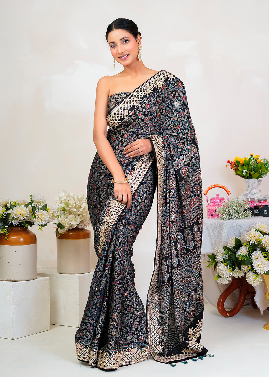 Black Ajrakh Handblock Printed Modal Silk Saree With Gota Patti Border