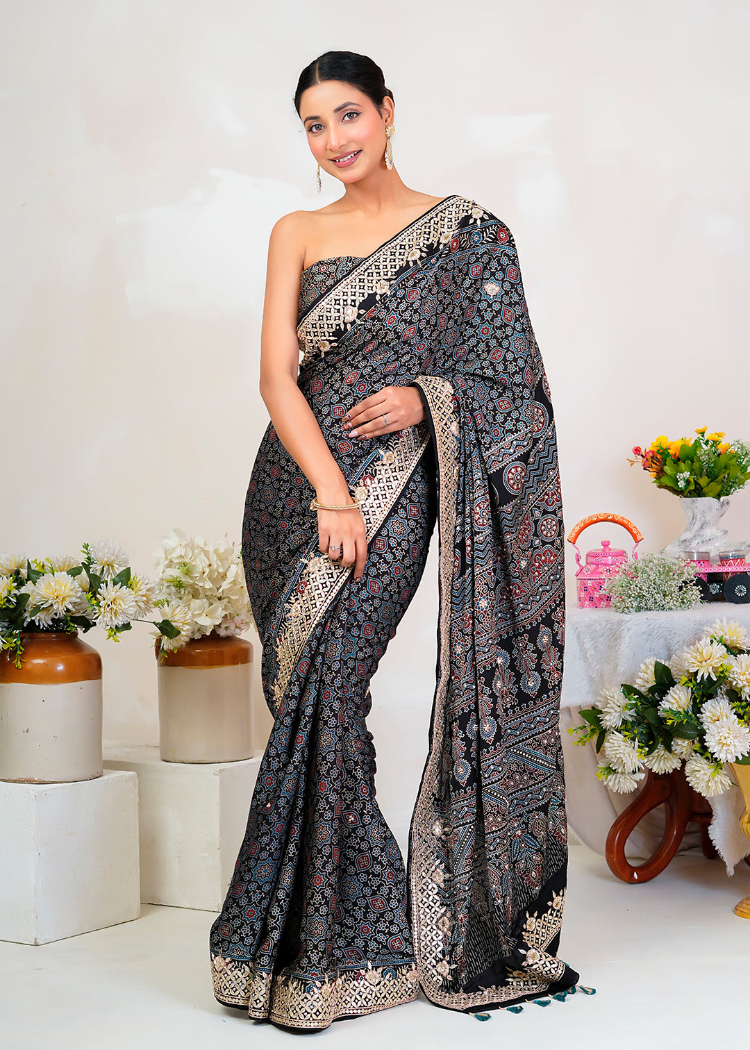 Black Ajrakh Handblock Printed Modal Silk Saree With Gota Patti Border