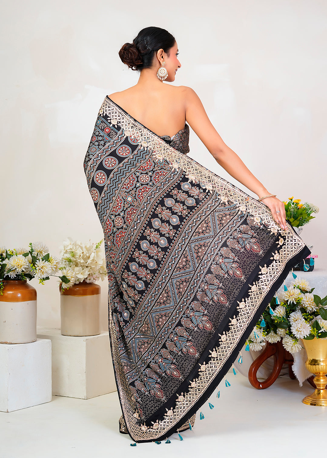 Black Ajrakh Handblock Printed Modal Silk Saree With Gota Patti Border