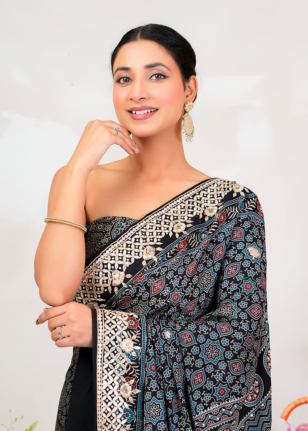 Black Ajrakh Handblock Printed Modal Silk Saree With Gota Patti Border