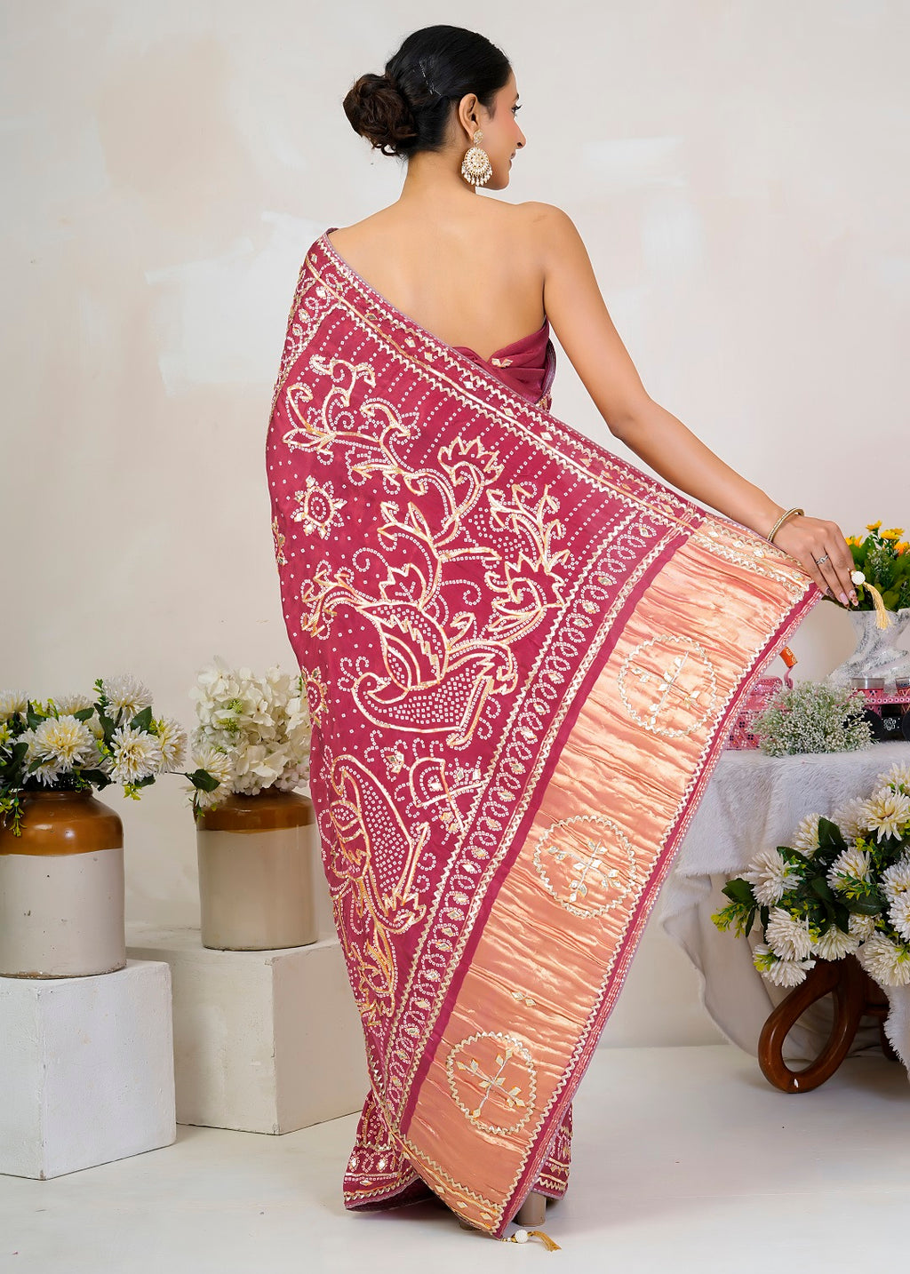 Pink Bandhani Silk Saree with Handcrafted Gota Patti Work