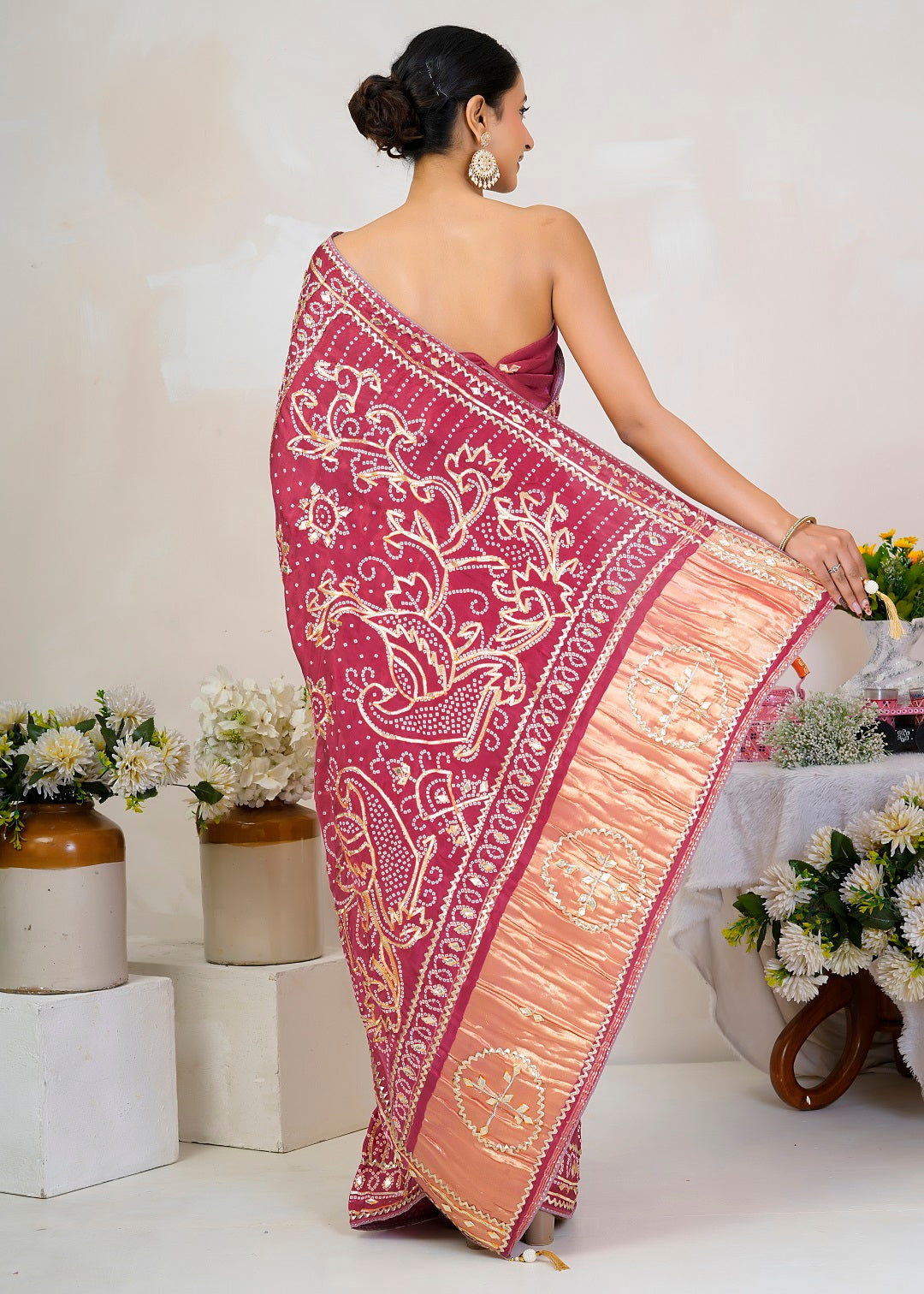 Pink Bandhani Silk Saree with Handcrafted Gota Patti Work