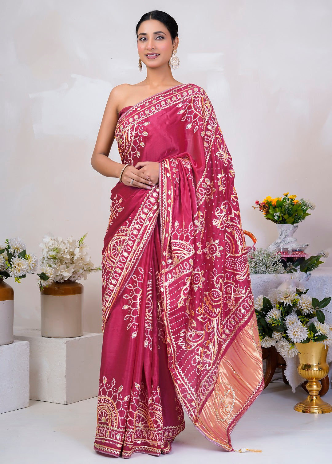 Pink Bandhani Silk Saree with Handcrafted Gota Patti Work