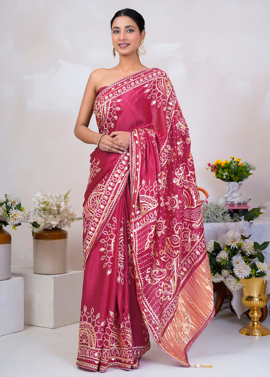 Pink Bandhani Silk Saree with Handcrafted Gota Patti Work