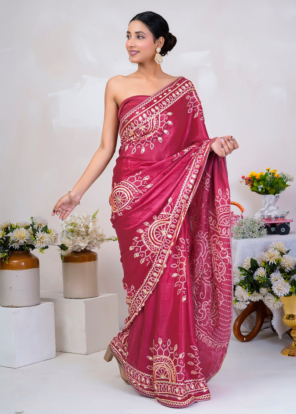 Pink Bandhani Silk Saree with Handcrafted Gota Patti Work