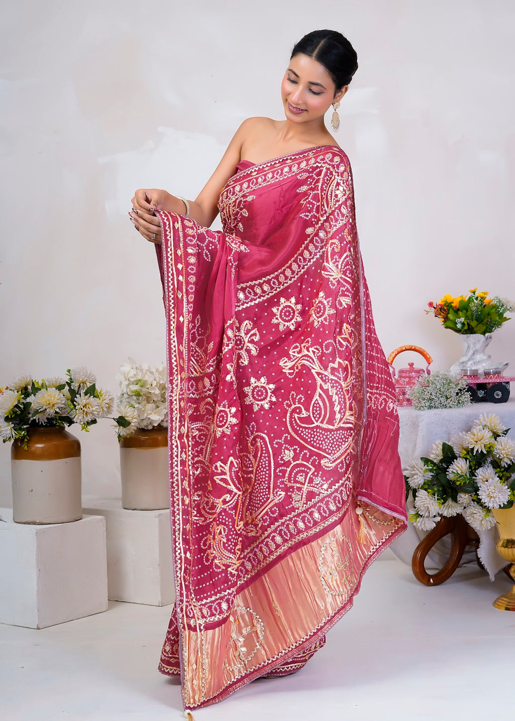 Pink Bandhani Silk Saree with Handcrafted Gota Patti Work