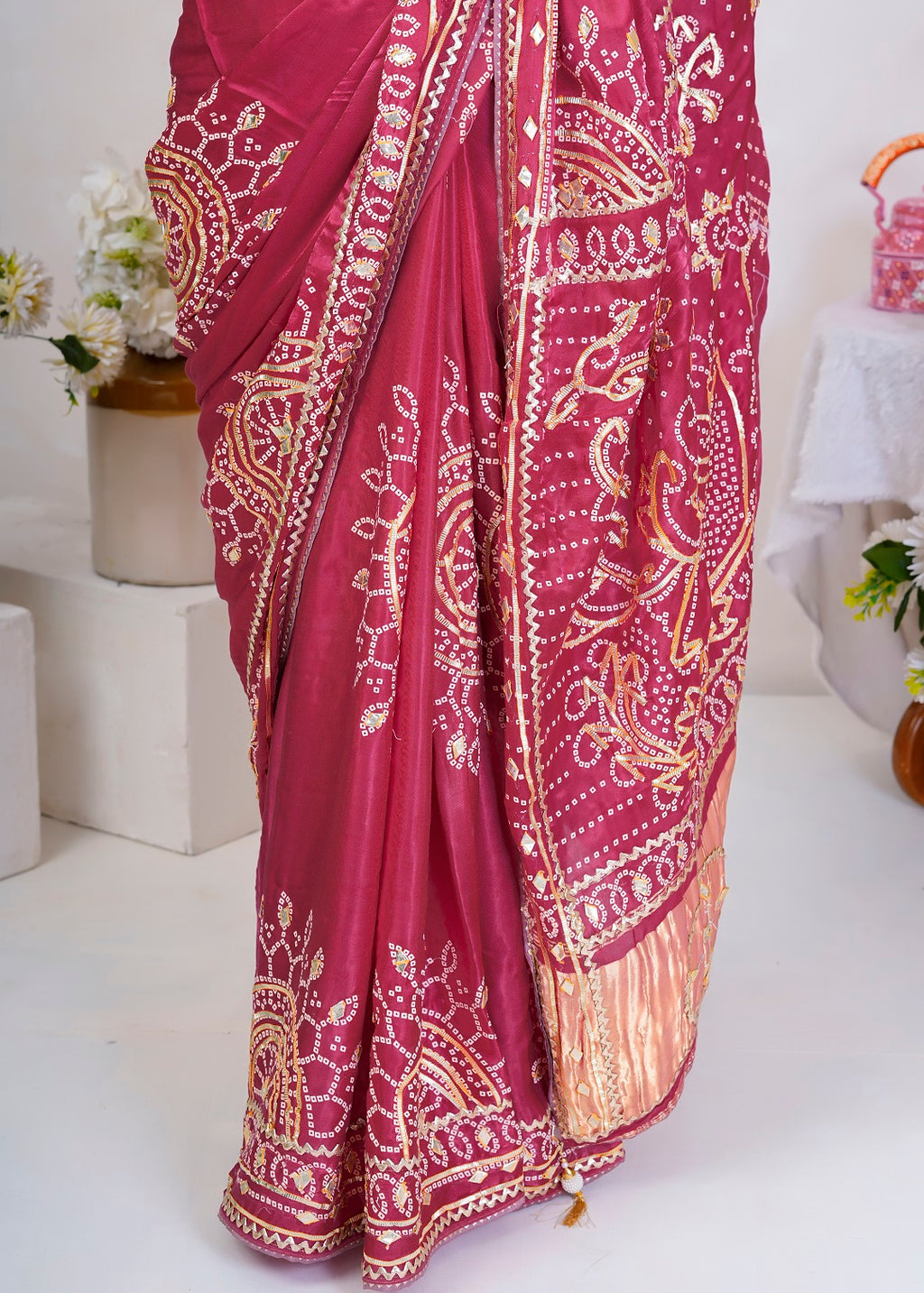 Pink Bandhani Silk Saree with Handcrafted Gota Patti Work