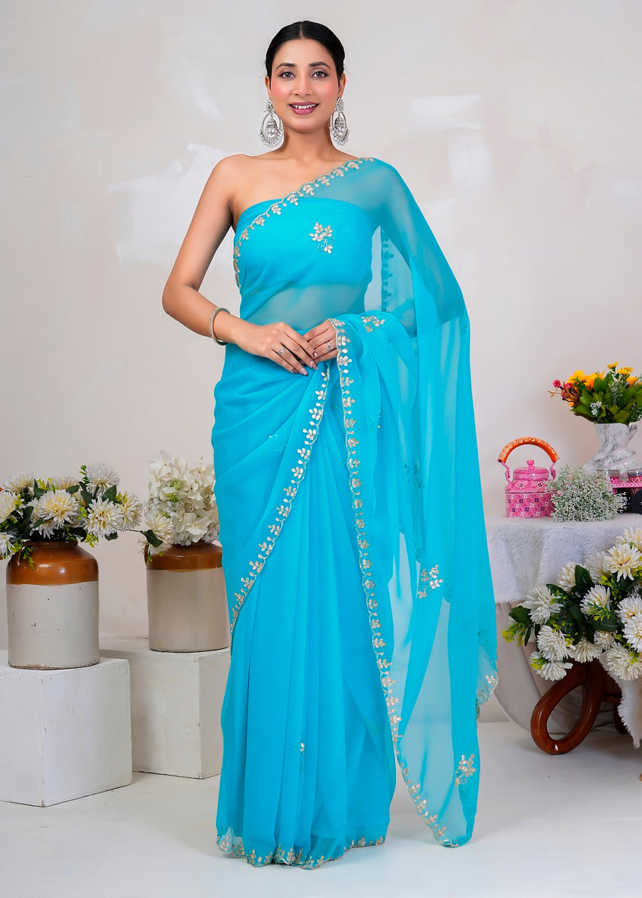 Blue Hand Embellished Chiffon Saree