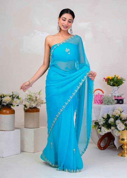 Blue Hand Embellished Chiffon Saree