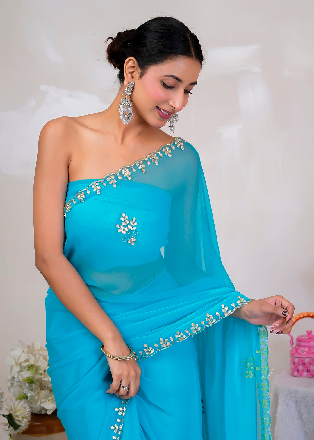 Blue Hand Embellished Chiffon Saree