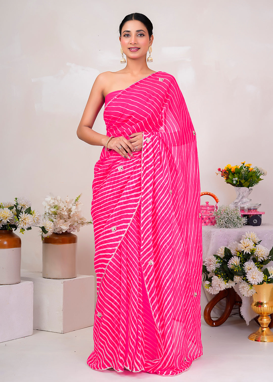 Pink Pure Georgette Leheriya Saree