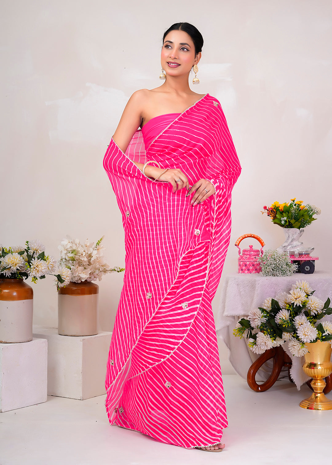 Pink Pure Georgette Leheriya Saree
