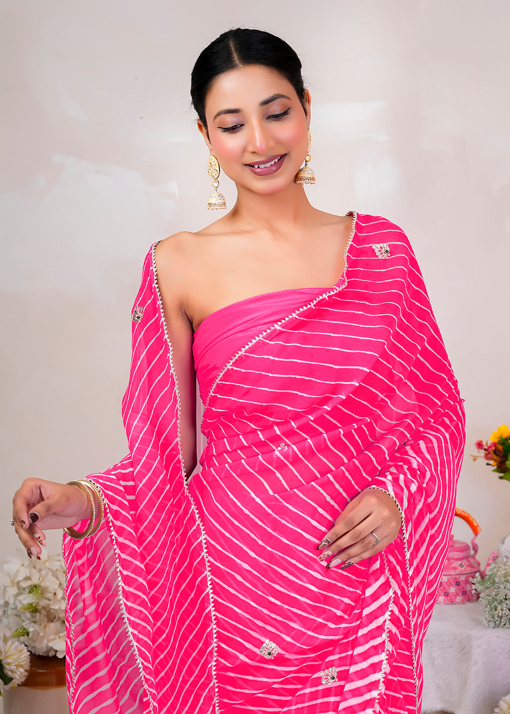 Pink Pure Georgette Leheriya Saree