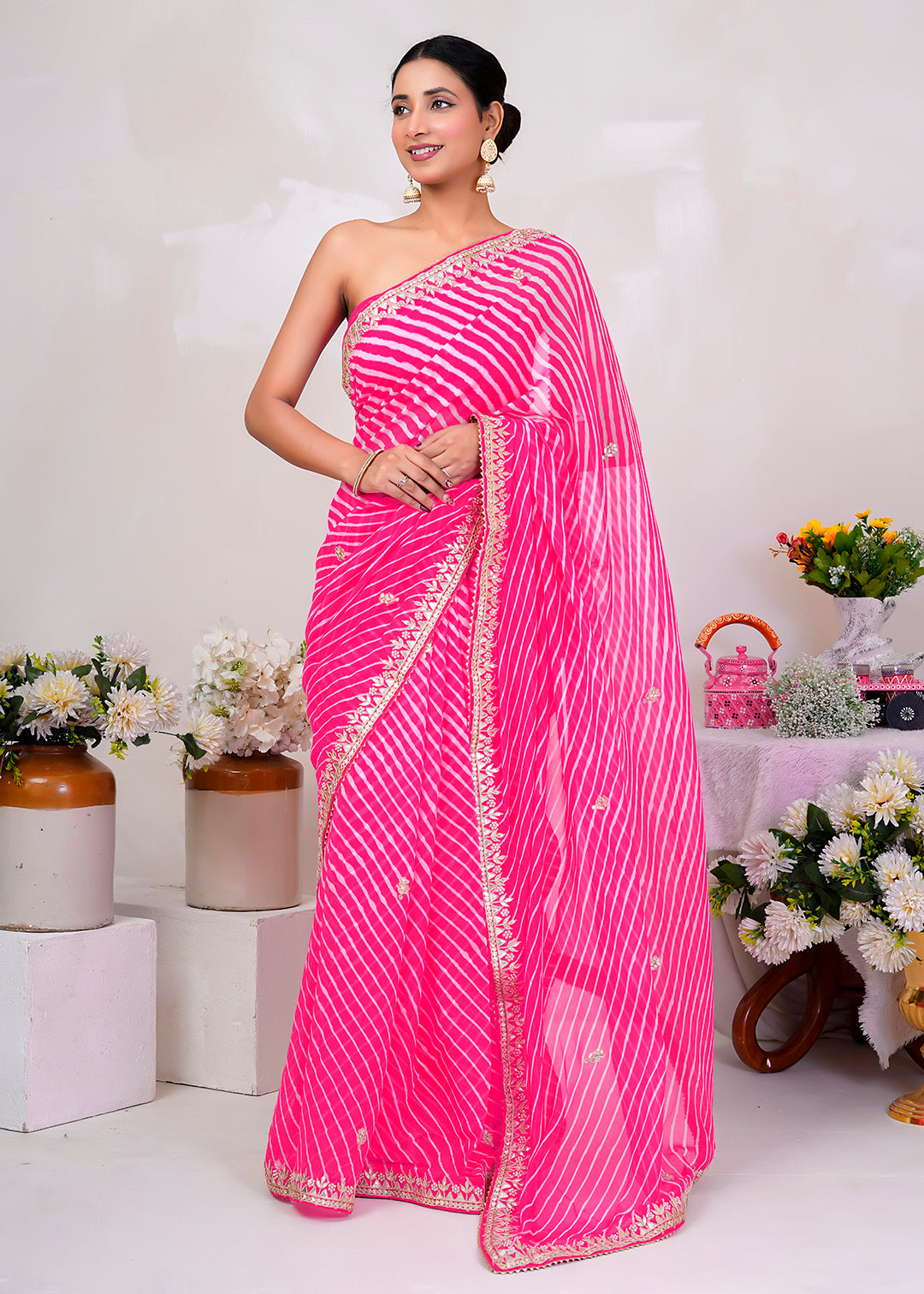 Pink Hand Embroidered Gota Patti Leheriya Pure Georgette Saree