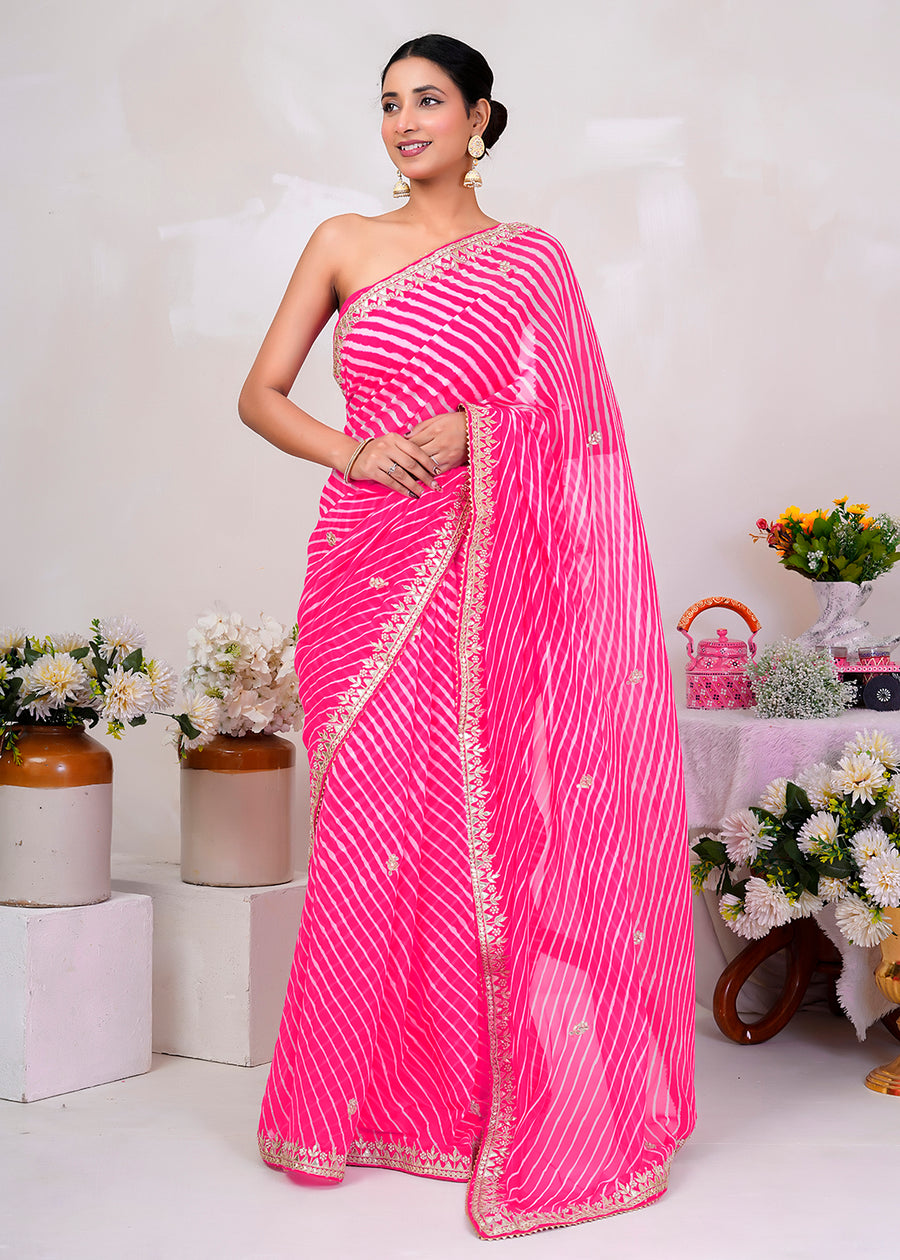 Pink Hand Embroidered Gota Patti Leheriya Pure Georgette Saree